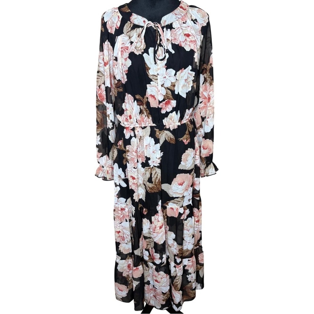 En Focus Studio Floral Maxi Dress Sheer Black Pink Tiered Long Sleeve Size 10